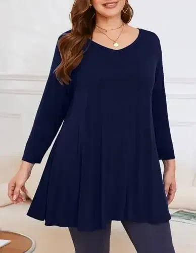 LARACE туники 3/4 рукава больших размеров для женщин V-образный вырез свободного кроя струящаяся одежда для леггинсов - 5