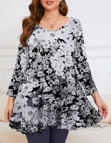 LARACE Tunics 3/4 Sleeve Plus Size Tops for Women V Neck Loose Fit Flowy Clothing for Leggings - MODAZONE (1)