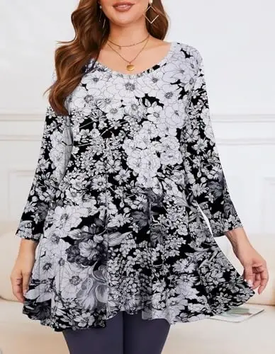 LARACE Tunics 3/4 Sleeve Plus Size Tops for Women V Neck Loose Fit Flowy Clothing for Leggings - 2