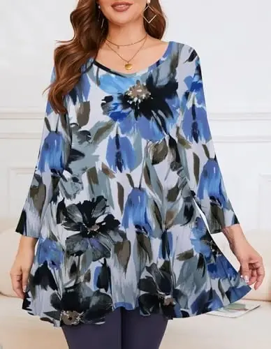 LARACE Tunics 3/4 Sleeve Plus Size Tops for Women V Neck Loose Fit Flowy Clothing for Leggings - 2