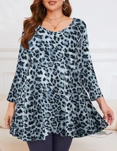 LARACE Tunics 3/4 Sleeve Plus Size Tops for Women V Neck Loose Fit Flowy Clothing for Leggings - MODAZONE (1)