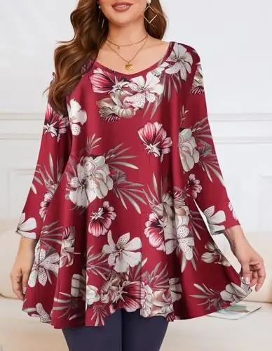 LARACE Tunics 3/4 Sleeve Plus Size Tops for Women V Neck Loose Fit Flowy Clothing for Leggings - 2