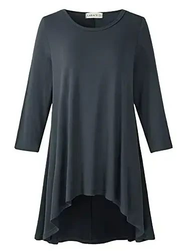 LARACE Womens Plus Size 3/4 Sleeve Loose Fit Flare Swing Tunic Tops Floral High Low Basic T Shirt - 1
