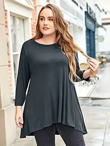 LARACE Womens Plus Size 3/4 Sleeve Loose Fit Flare Swing Tunic Tops Floral High Low Basic T Shirt - 4