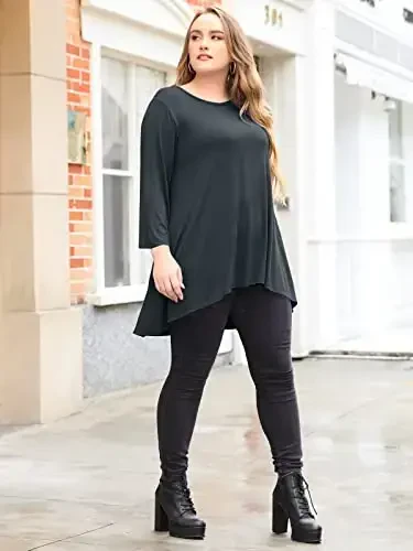 LARACE Womens Plus Size 3/4 Sleeve Loose Fit Flare Swing Tunic Tops Floral High Low Basic T Shirt - 5