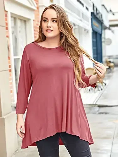 LARACE Womens Plus Size 3/4 Sleeve Loose Fit Flare Swing Tunic Tops Floral High Low Basic T Shirt - 4