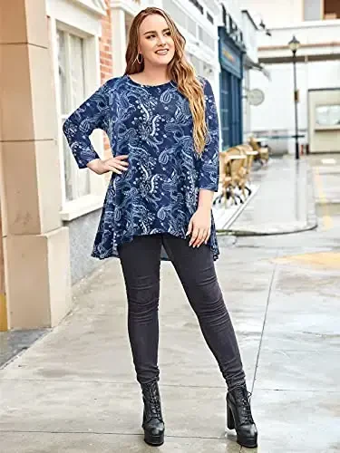 LARACE Womens Plus Size 3/4 Sleeve Loose Fit Flare Swing Tunic Tops Floral High Low Basic T Shirt - 3