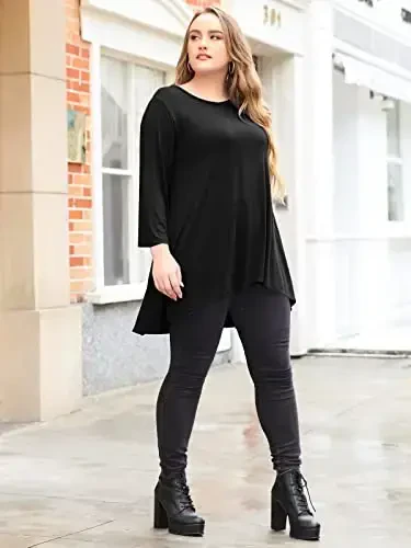 LARACE Womens Plus Size 3/4 Sleeve Loose Fit Flare Swing Tunic Tops Floral High Low Basic T Shirt - 5