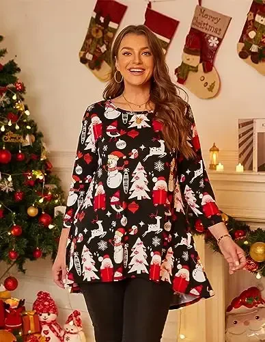 LARACE Womens Plus Size 3/4 Sleeve Loose Fit Flare Swing Tunic Tops Floral High Low Basic T Shirt - 2