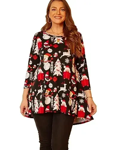 LARACE Womens Plus Size 3/4 Sleeve Loose Fit Flare Swing Tunic Tops Floral High Low Basic T Shirt - 6