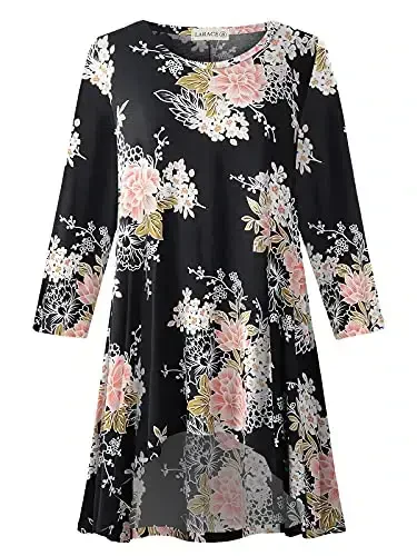 LARACE Womens Plus Size 3/4 Sleeve Loose Fit Flare Swing Tunic Tops Floral High Low Basic T Shirt - MODAZONE