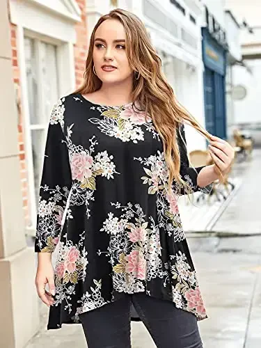 LARACE Womens Plus Size 3/4 Sleeve Loose Fit Flare Swing Tunic Tops Floral High Low Basic T Shirt - 4