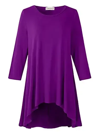 LARACE Womens Plus Size 3/4 Sleeve Loose Fit Flare Swing Tunic Tops Floral High Low Basic T Shirt - MODAZONE