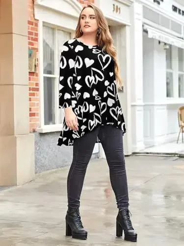 LARACE Womens Plus Size 3/4 Sleeve Loose Fit Flare Swing Tunic Tops Floral High Low Basic T Shirt - 5