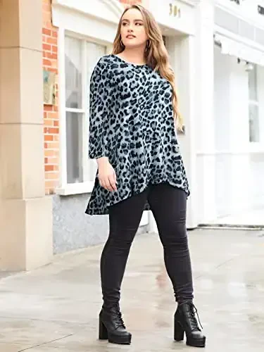 LARACE Womens Plus Size 3/4 Sleeve Loose Fit Flare Swing Tunic Tops Floral High Low Basic T Shirt - 5