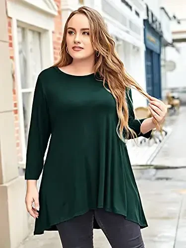 LARACE Womens Plus Size 3/4 Sleeve Loose Fit Flare Swing Tunic Tops Floral High Low Basic T Shirt - 4