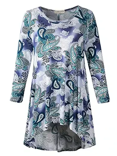 LARACE Womens Plus Size 3/4 Sleeve Loose Fit Flare Swing Tunic Tops Floral High Low Basic T Shirt - 1