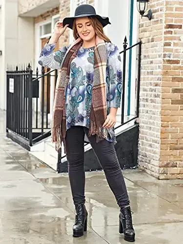 LARACE Womens Plus Size 3/4 Sleeve Loose Fit Flare Swing Tunic Tops Floral High Low Basic T Shirt - 2