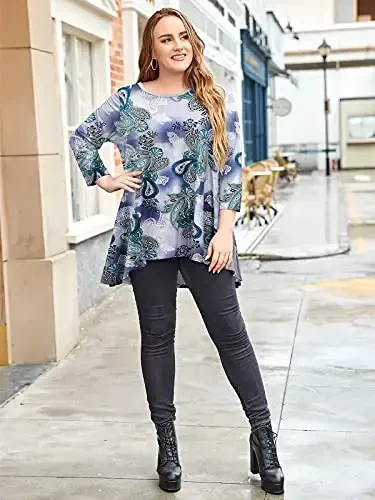 LARACE Womens Plus Size 3/4 Sleeve Loose Fit Flare Swing Tunic Tops Floral High Low Basic T Shirt - 3