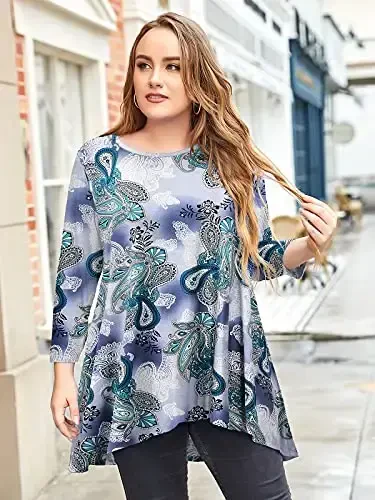 LARACE Womens Plus Size 3/4 Sleeve Loose Fit Flare Swing Tunic Tops Floral High Low Basic T Shirt - 4
