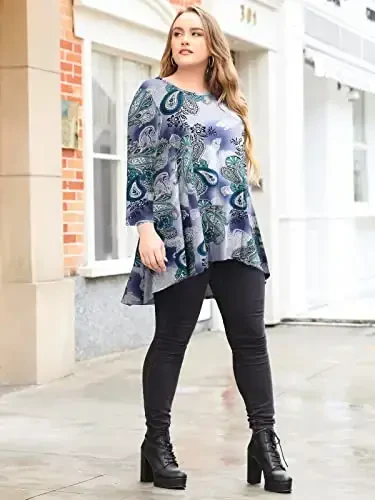 LARACE Womens Plus Size 3/4 Sleeve Loose Fit Flare Swing Tunic Tops Floral High Low Basic T Shirt - 5