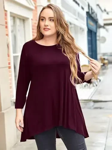 LARACE Womens Plus Size 3/4 Sleeve Loose Fit Flare Swing Tunic Tops Floral High Low Basic T Shirt - 4