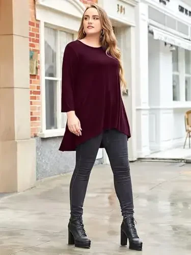 LARACE Womens Plus Size 3/4 Sleeve Loose Fit Flare Swing Tunic Tops Floral High Low Basic T Shirt - 5