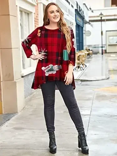 LARACE Womens Plus Size 3/4 Sleeve Loose Fit Flare Swing Tunic Tops Floral High Low Basic T Shirt - 4