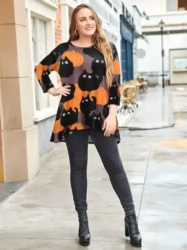 LARACE Womens Plus Size 3/4 Sleeve Loose Fit Flare Swing Tunic Tops Floral High Low Basic T Shirt - 4