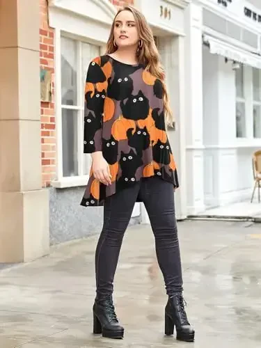 LARACE Womens Plus Size 3/4 Sleeve Loose Fit Flare Swing Tunic Tops Floral High Low Basic T Shirt - 6