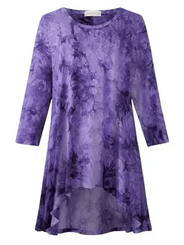 LARACE Womens Plus Size 3/4 Sleeve Loose Fit Flare Swing Tunic Tops Floral High Low Basic T Shirt 