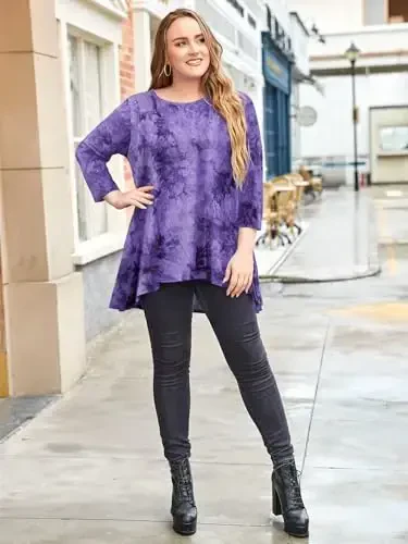 LARACE Womens Plus Size 3/4 Sleeve Loose Fit Flare Swing Tunic Tops Floral High Low Basic T Shirt - 3