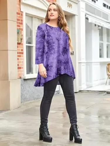 LARACE Womens Plus Size 3/4 Sleeve Loose Fit Flare Swing Tunic Tops Floral High Low Basic T Shirt - 5