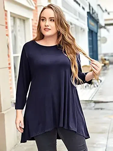 LARACE Womens Plus Size 3/4 Sleeve Loose Fit Flare Swing Tunic Tops Floral High Low Basic T Shirt - 4