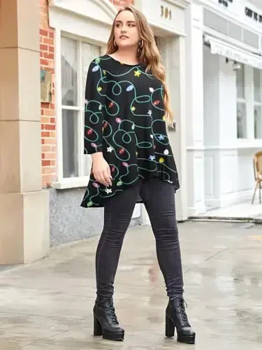 LARACE Womens Plus Size 3/4 Sleeve Loose Fit Flare Swing Tunic Tops Floral High Low Basic T Shirt - 6