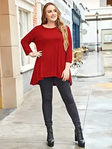 LARACE Womens Plus Size 3/4 Sleeve Loose Fit Flare Swing Tunic Tops Floral High Low Basic T Shirt - 3