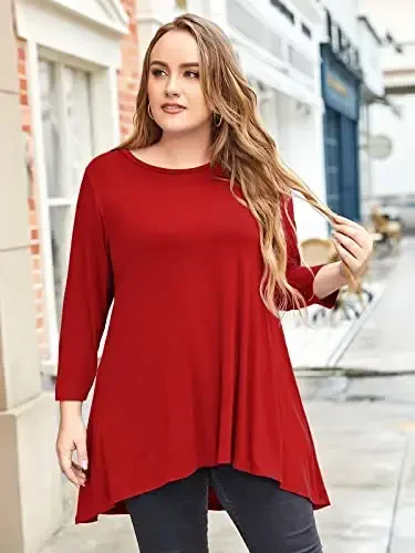 LARACE Womens Plus Size 3/4 Sleeve Loose Fit Flare Swing Tunic Tops Floral High Low Basic T Shirt - 4