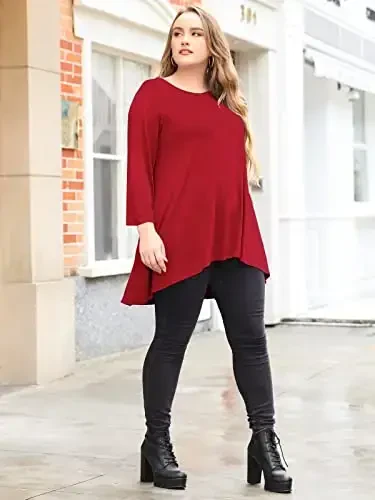 LARACE Womens Plus Size 3/4 Sleeve Loose Fit Flare Swing Tunic Tops Floral High Low Basic T Shirt - 5