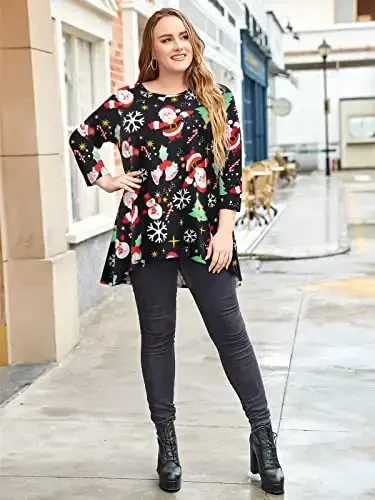 LARACE Womens Plus Size 3/4 Sleeve Loose Fit Flare Swing Tunic Tops Floral High Low Basic T Shirt - 3