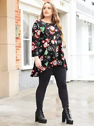 LARACE Womens Plus Size 3/4 Sleeve Loose Fit Flare Swing Tunic Tops Floral High Low Basic T Shirt - 5