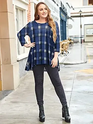 LARACE Womens Plus Size 3/4 Sleeve Loose Fit Flare Swing Tunic Tops Floral High Low Basic T Shirt - 3