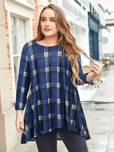 LARACE Womens Plus Size 3/4 Sleeve Loose Fit Flare Swing Tunic Tops Floral High Low Basic T Shirt - 4