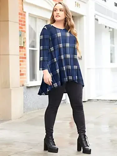 LARACE Womens Plus Size 3/4 Sleeve Loose Fit Flare Swing Tunic Tops Floral High Low Basic T Shirt - 5