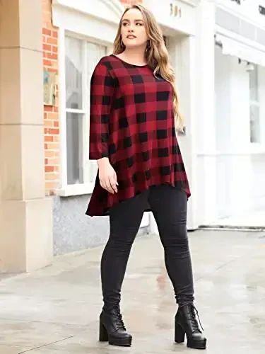 LARACE Womens Plus Size 3/4 Sleeve Loose Fit Flare Swing Tunic Tops Floral High Low Basic T Shirt - 5