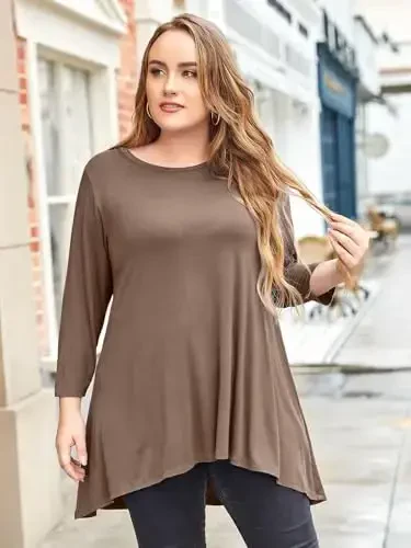 LARACE Womens Plus Size 3/4 Sleeve Loose Fit Flare Swing Tunic Tops Floral High Low Basic T Shirt - 4