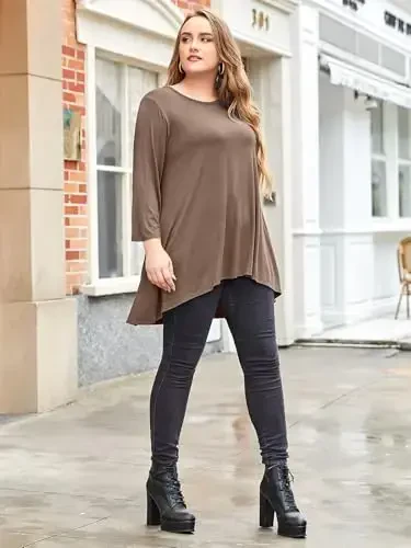 LARACE Womens Plus Size 3/4 Sleeve Loose Fit Flare Swing Tunic Tops Floral High Low Basic T Shirt - 5