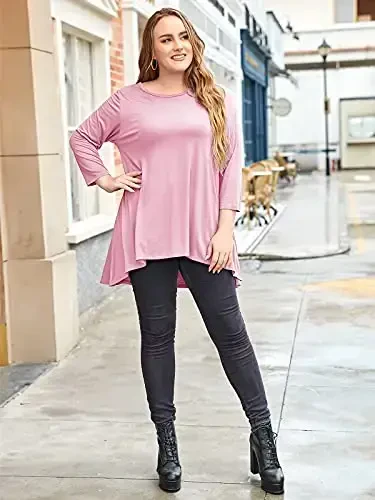 LARACE Womens Plus Size 3/4 Sleeve Loose Fit Flare Swing Tunic Tops Floral High Low Basic T Shirt - 8