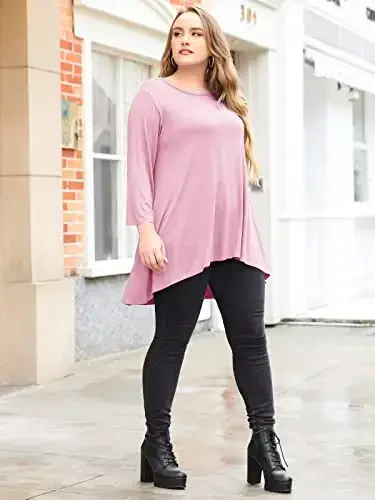 LARACE Womens Plus Size 3/4 Sleeve Loose Fit Flare Swing Tunic Tops Floral High Low Basic T Shirt - 6