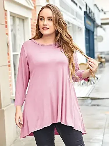 LARACE Womens Plus Size 3/4 Sleeve Loose Fit Flare Swing Tunic Tops Floral High Low Basic T Shirt - 4
