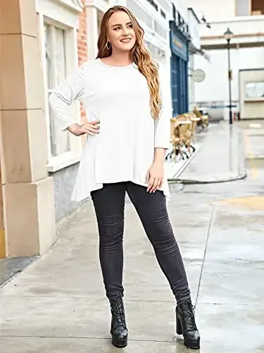 LARACE Womens Plus Size 3/4 Sleeve Loose Fit Flare Swing Tunic Tops Floral High Low Basic T Shirt - 7